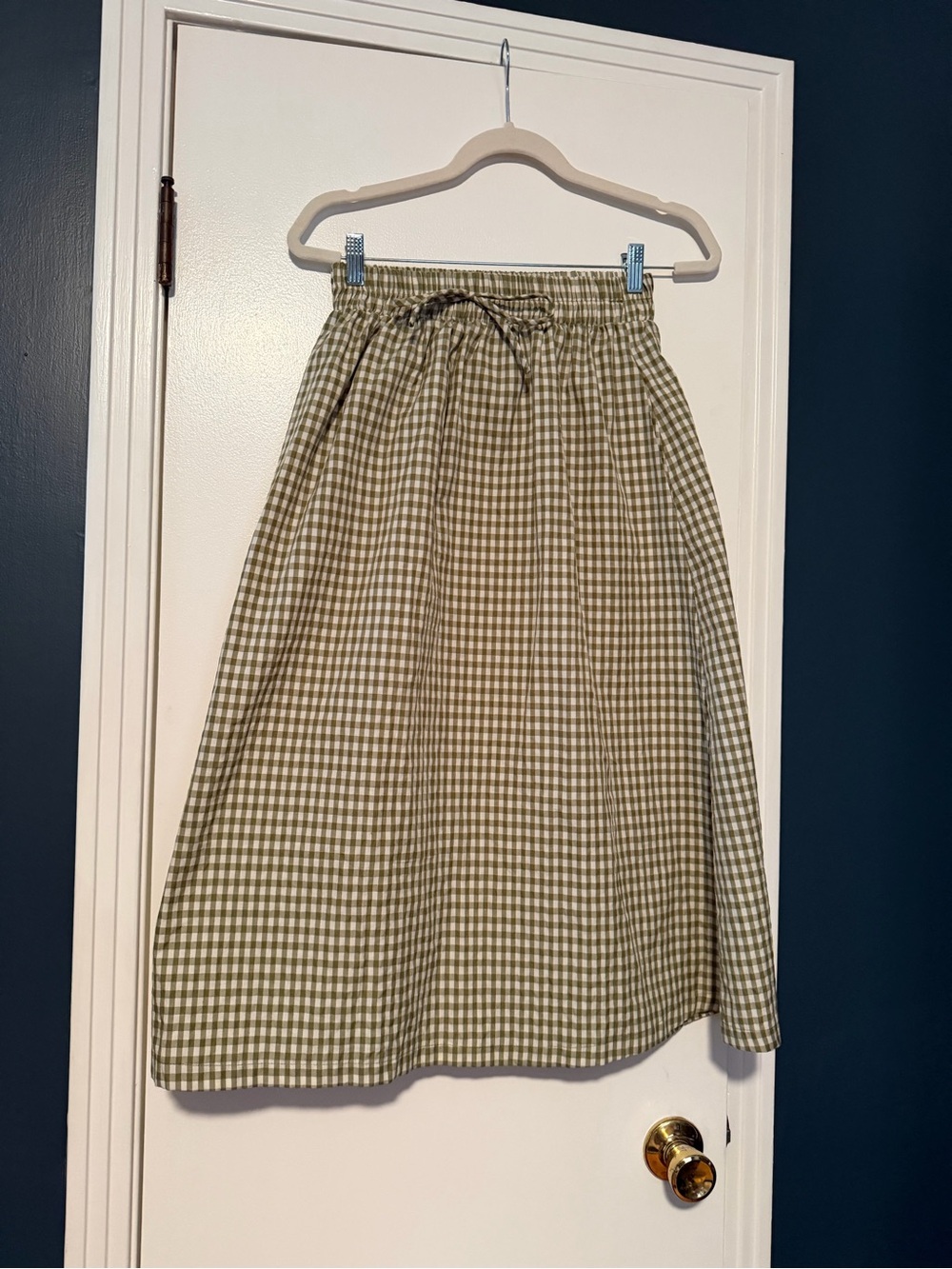 Olive Green Gingham Drawstring Midi Skirt